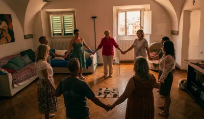 Un gruppo di persone che si tengono per mano disposte a cerchio all'interno di una stanzaza nei locali dell'associazione culturale Il Filo di Ermete